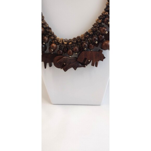 VTG Carved Wood African Animal Bib Necklace Charm Elephant Wolves Brown Beaded - Picture 4 of 8